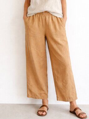 100% Linen Wide Leg Pants Elastic Waist Relaxed Lagenlook Summer Size Medium